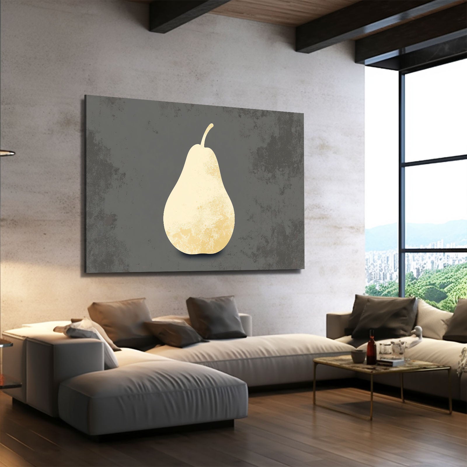 Minimal Pale Pear Fruit Canvas Art – styled in a furnished interior