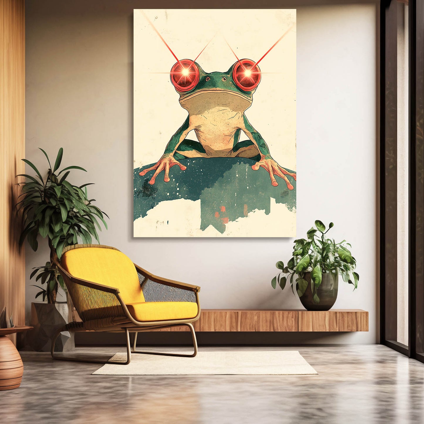 Minimal Red-Eyed Sketch Frog Wall Decor – styled in a furnished interior