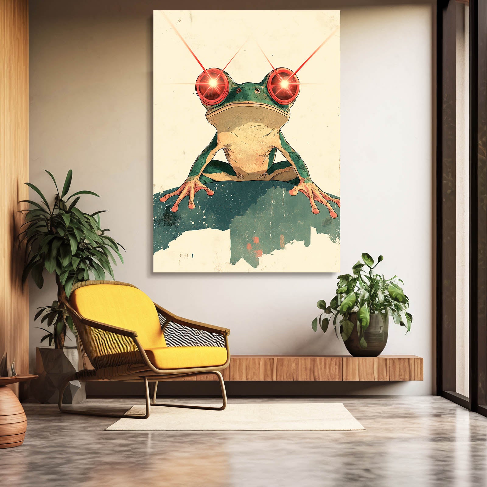 Minimal Red-Eyed Sketch Frog Wall Decor – styled in a furnished interior