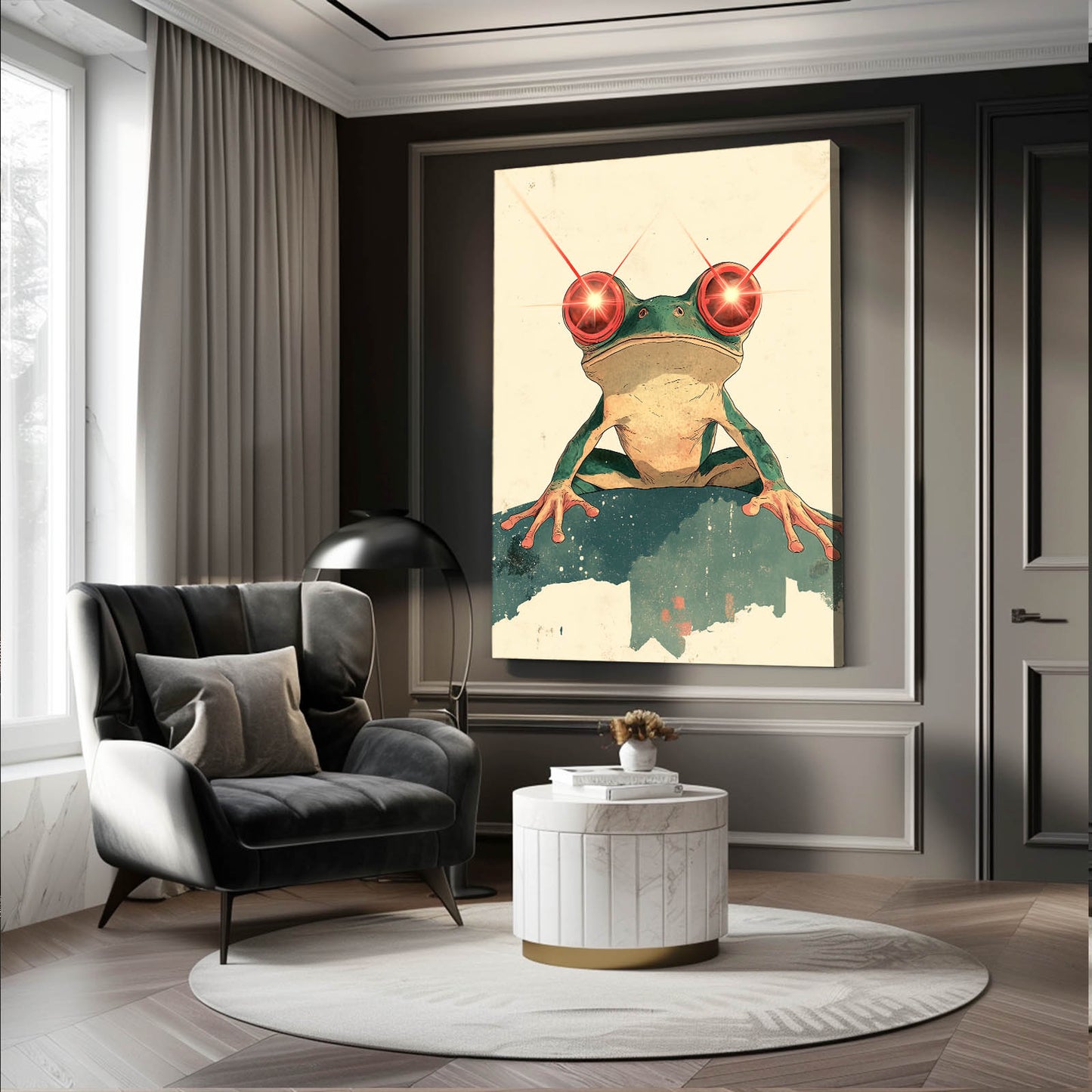 Minimal Red-Eyed Sketch Frog Wall Decor – styled in a furnished interior