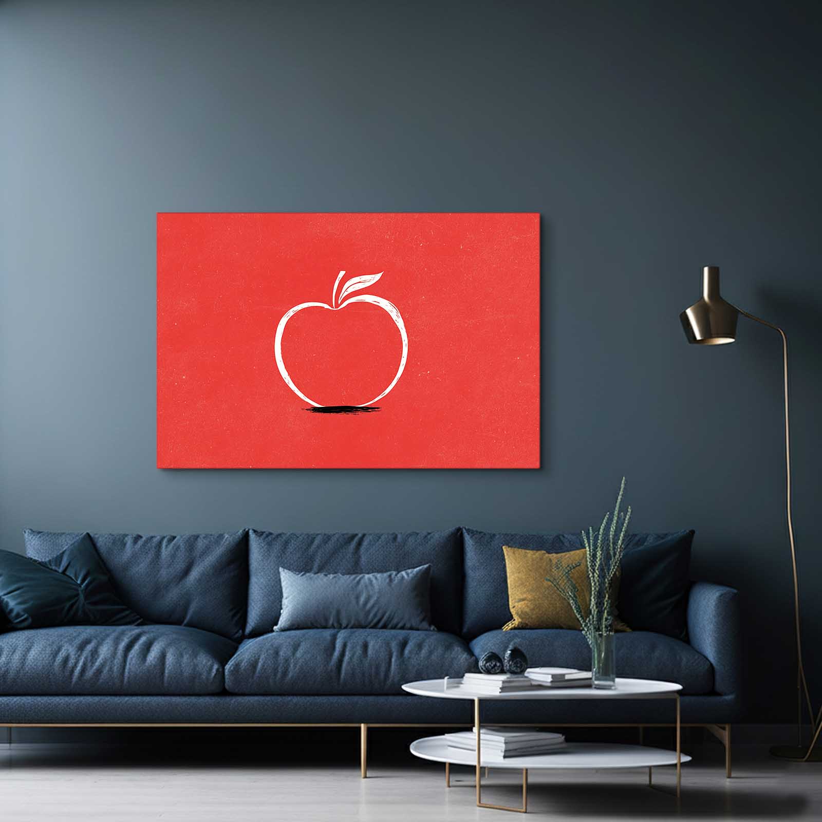 Minimal Red Outline Apple Canvas Art – styled in a furnished interior