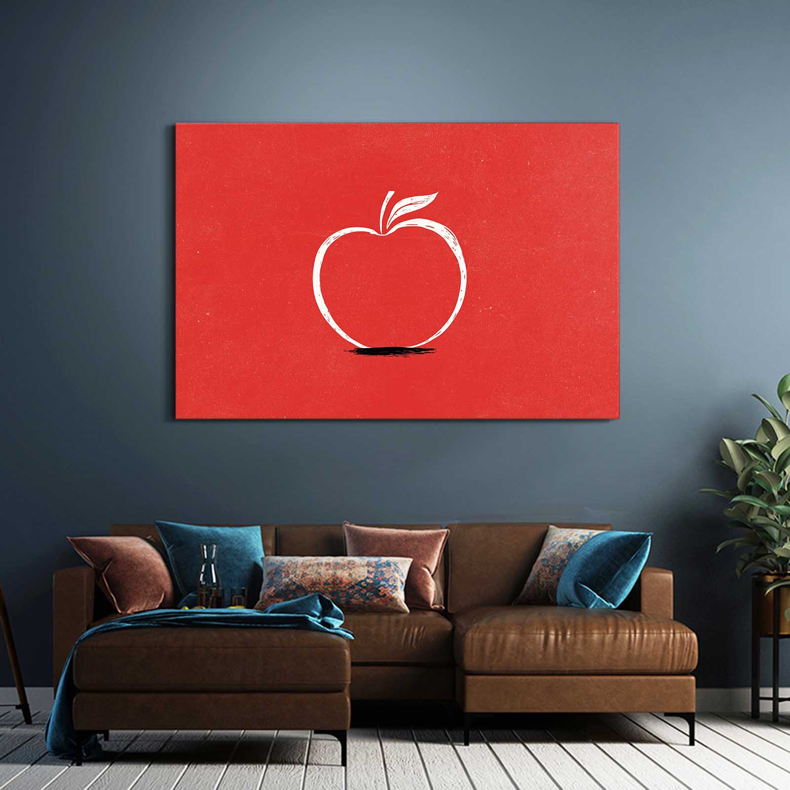 Minimal Red Outline Apple Canvas Art – styled in a furnished interior