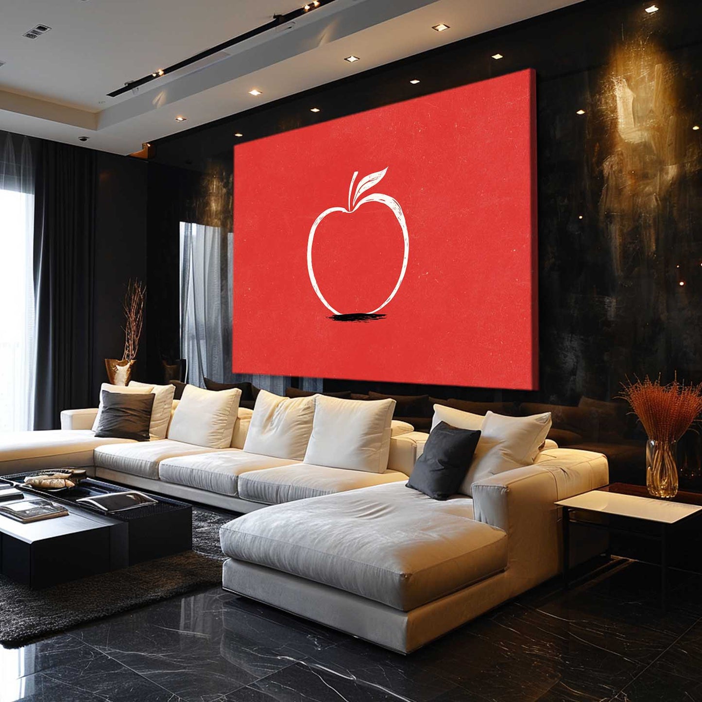 Minimal Red Outline Apple Canvas Art – styled in a furnished interior