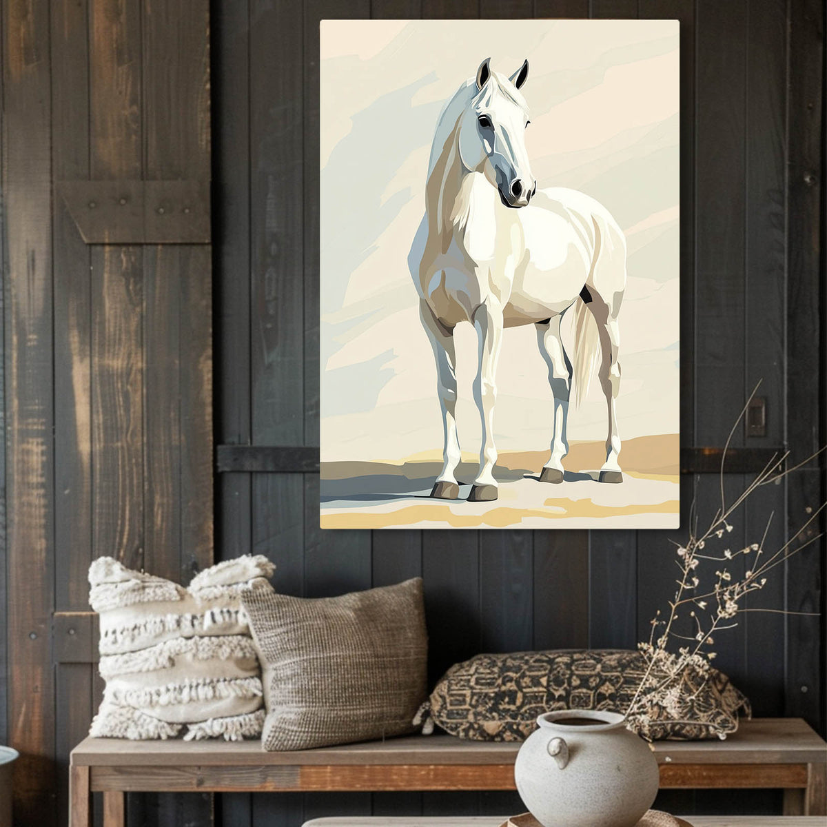 Minimal Sand Stance Horse Canvas — contemporary canvas print, styled in a furnished interior