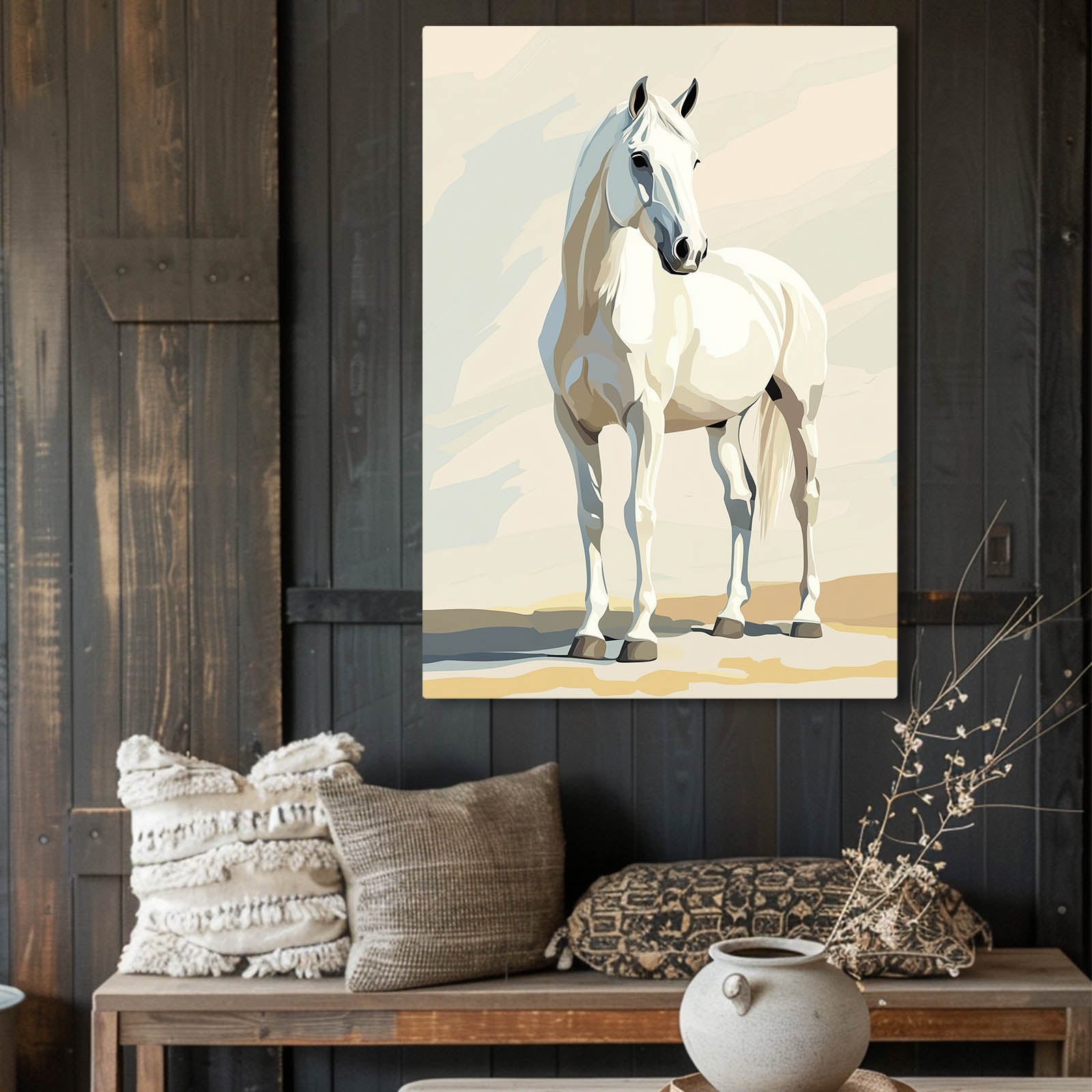 Minimal Sand Stance Horse Canvas — contemporary canvas print, styled in a furnished interior