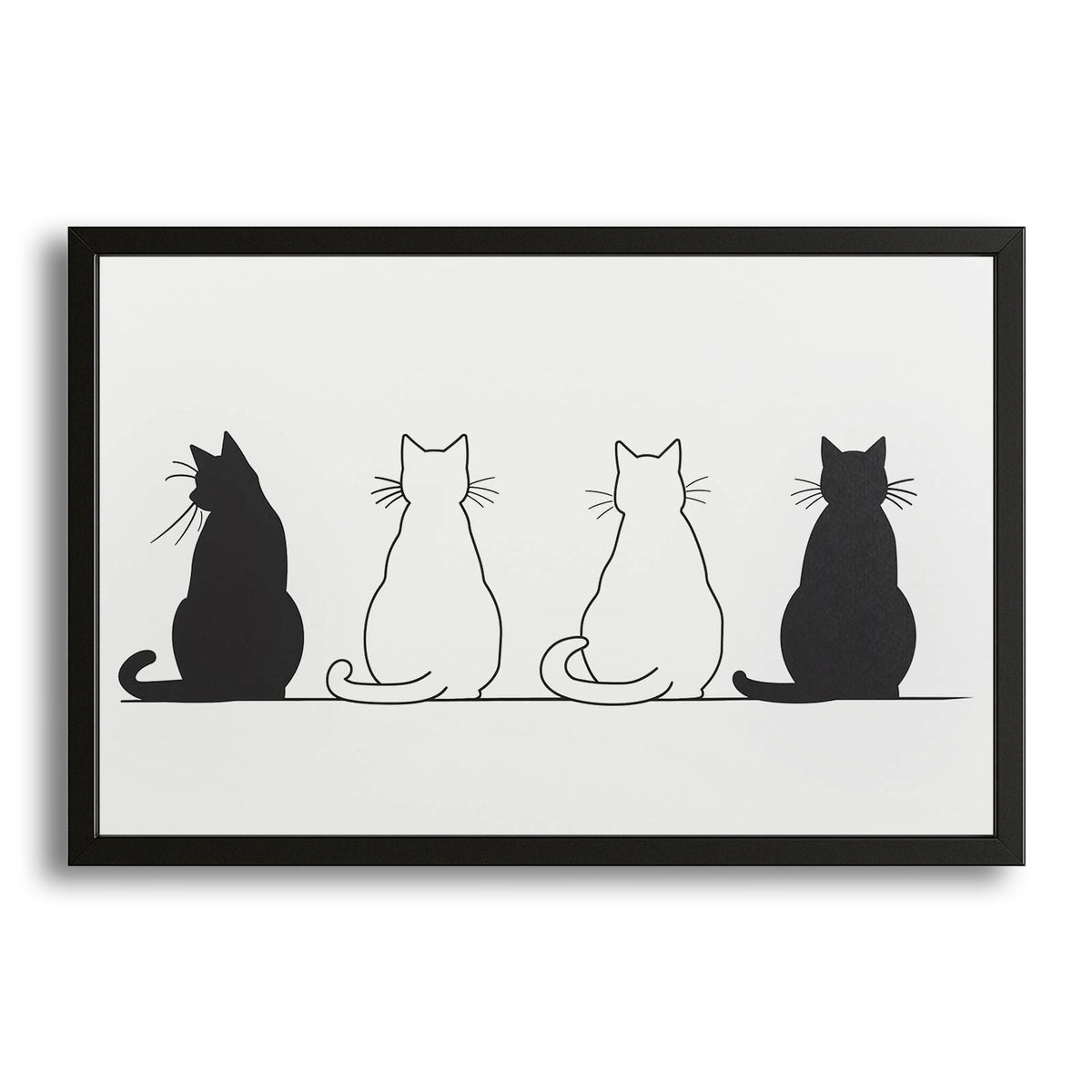 Minimalist Cats Line Cat Wall Art — black and white canvas print in white tones, with Premium Black frame on white background