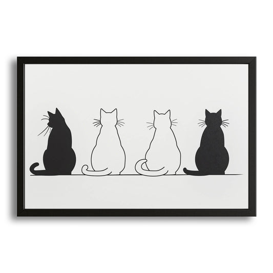 Minimalist Cats Line Cat Wall Art — black and white canvas print in white tones, with Premium Black frame on white background