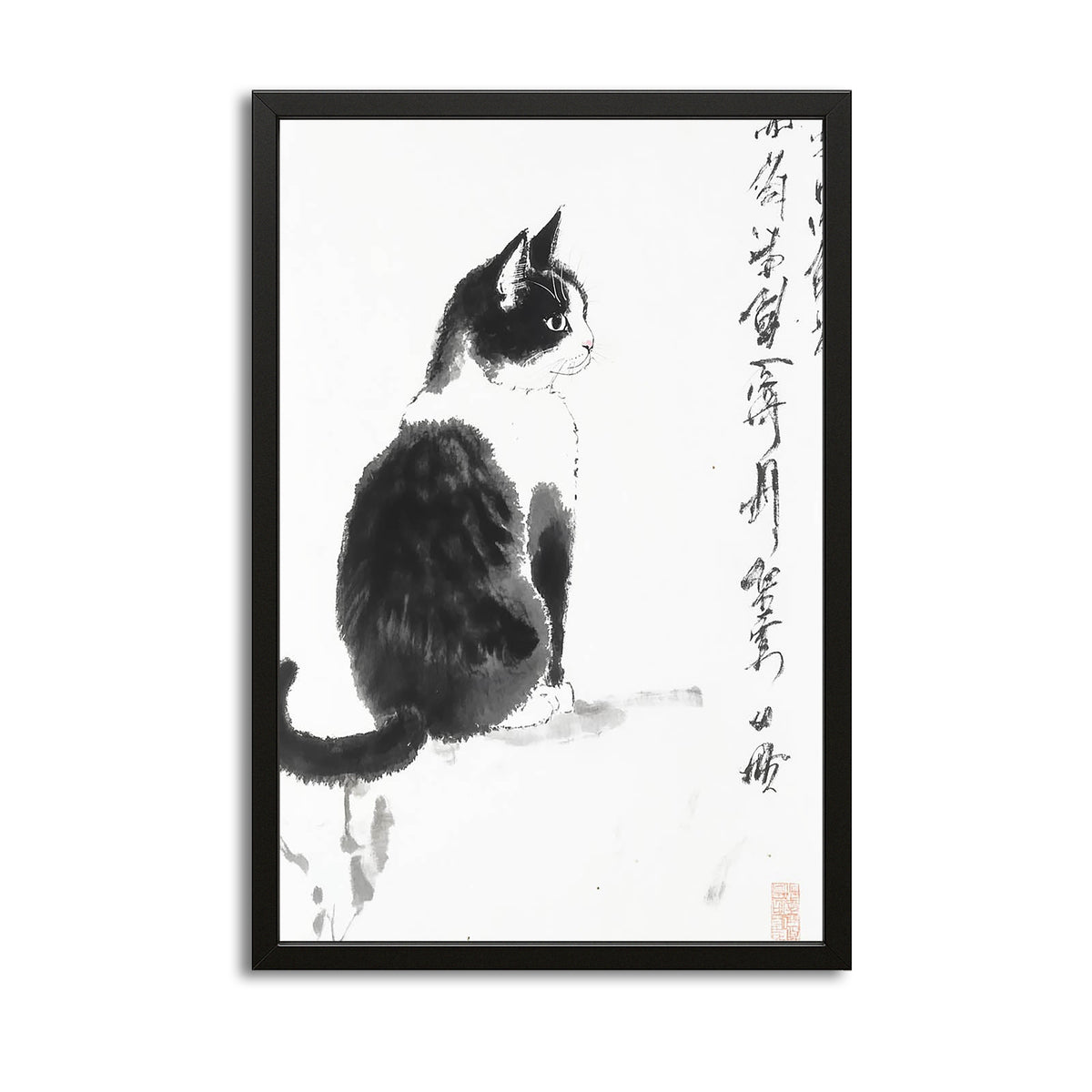 Black Ink Sitting Cat Art — black and white canvas print in white tones, with Premium Black frame on white background