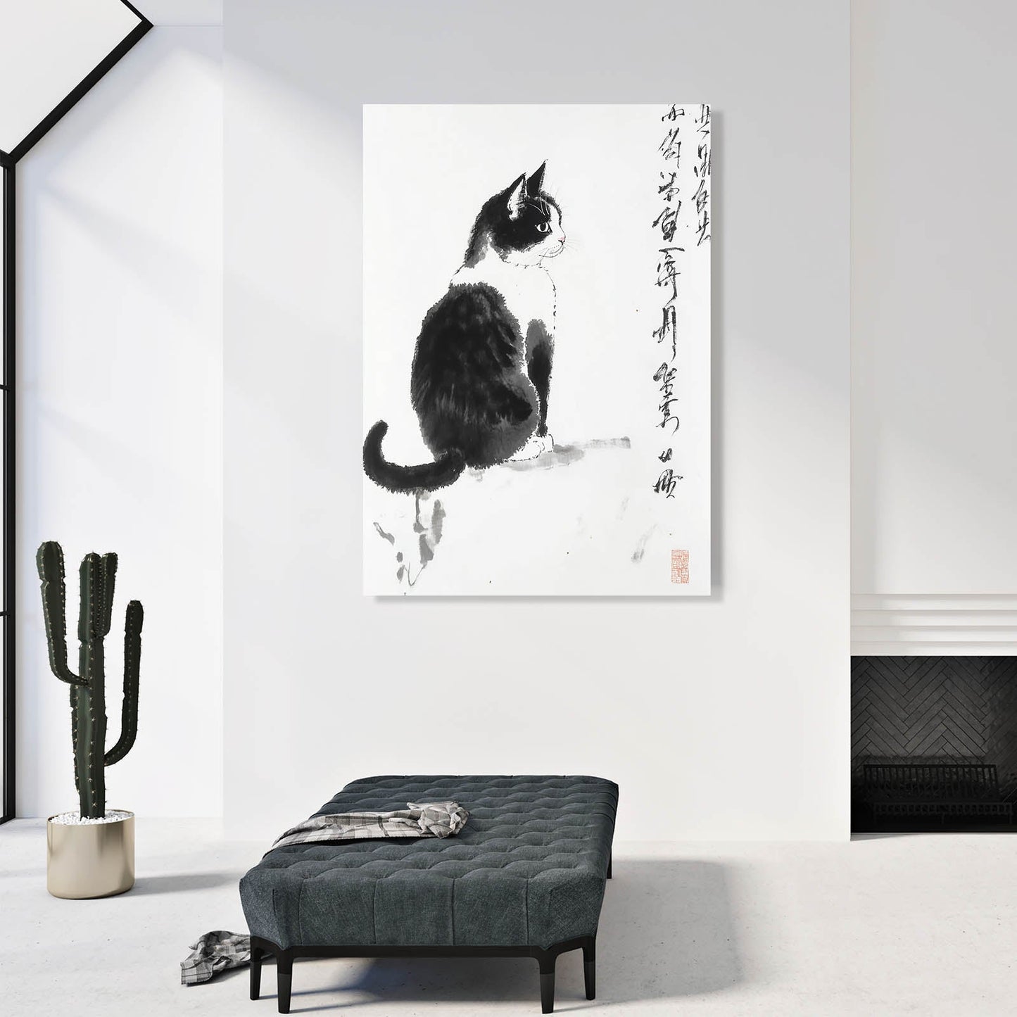 Black Ink Sitting Cat Art