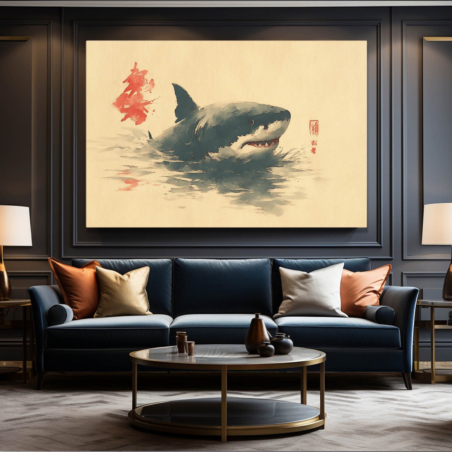 Minimalist Ink Shark Prints – styled in a furnished interior