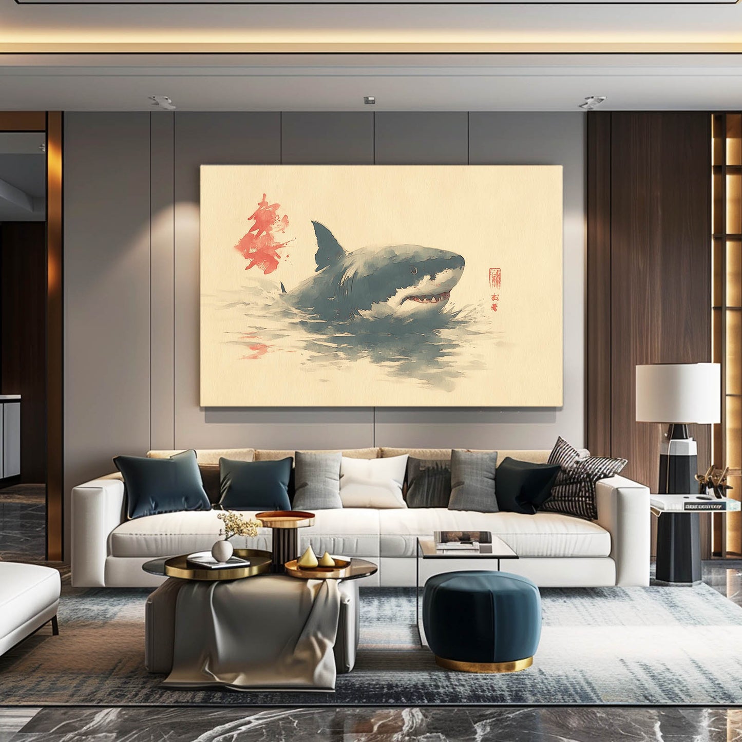 Minimalist Ink Shark Prints – styled in a furnished interior
