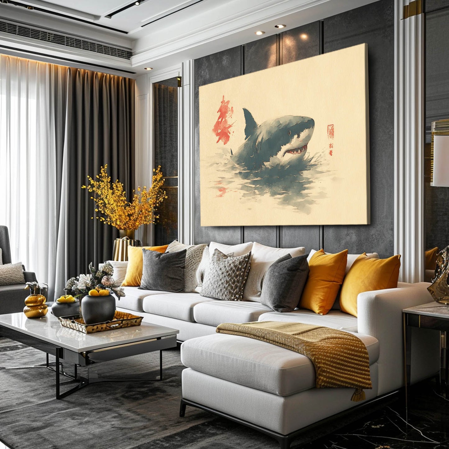 Minimalist Ink Shark Prints – styled in a furnished interior