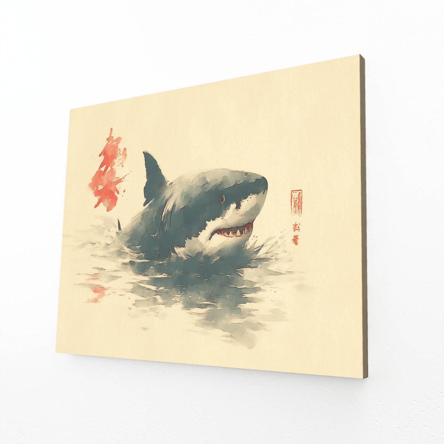 Minimalist Ink Shark Prints – angled canvas view on white background