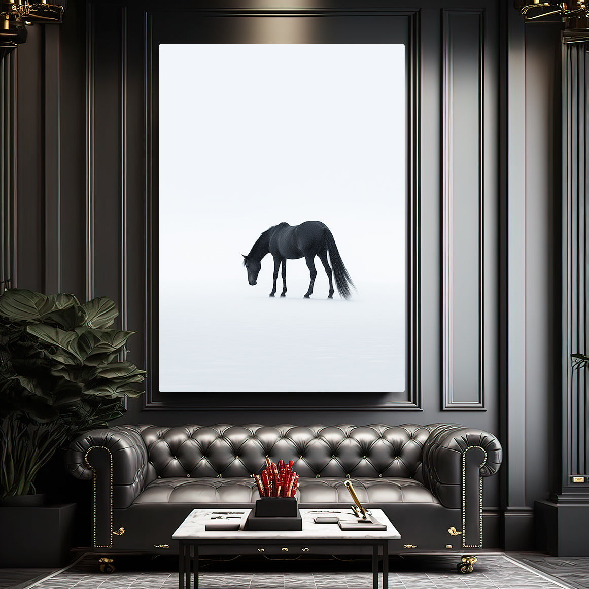 Minimalist Office Horse Artwork – angled canvas view on white background