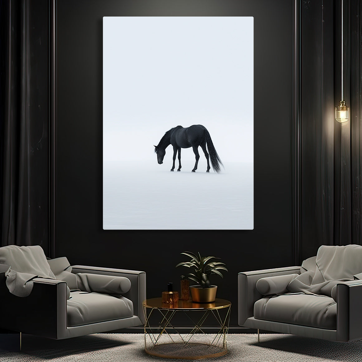 Minimalist Office Horse Artwork – angled canvas view on white background