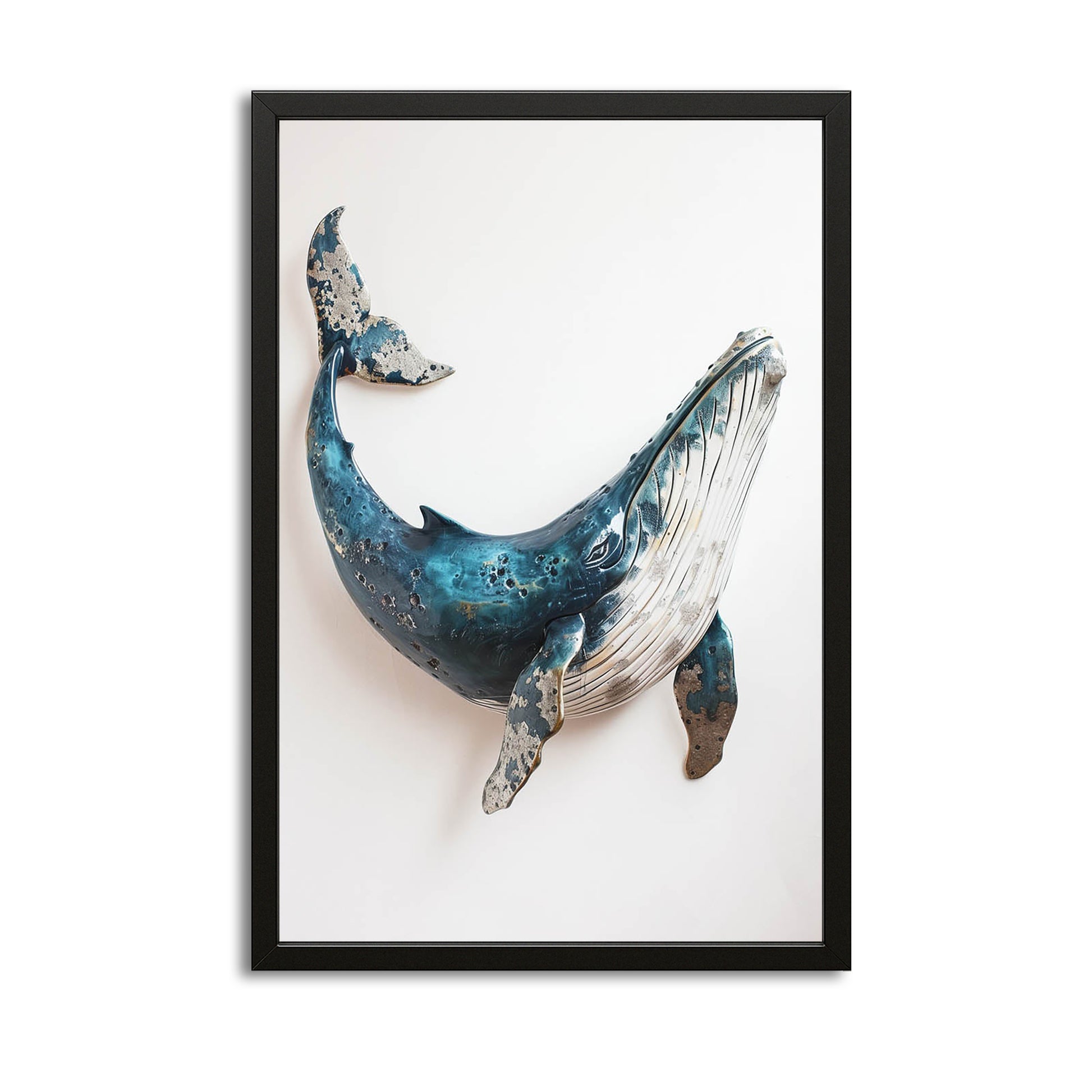 Minimalist Whale Art — contemporary canvas print in white tones, with Premium Black frame on white background