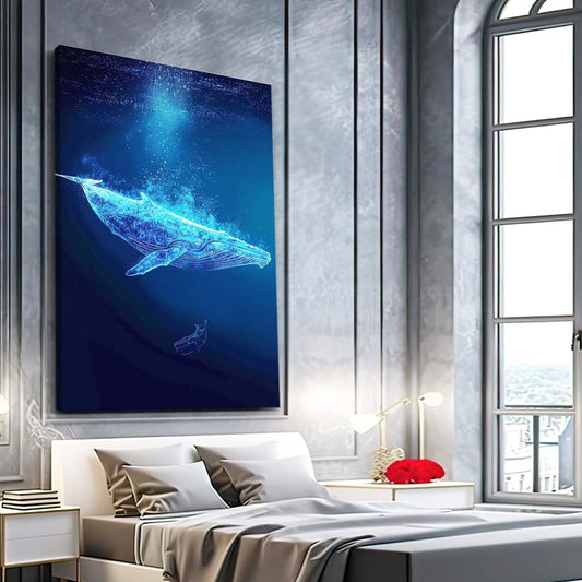 Minimalist Whale Digital Art — 3d canvas print in blue tones, view 3