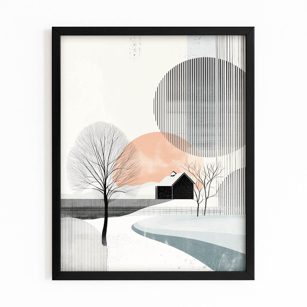 Minimalist Winter Scene Farmhouse Art – with Premium Black frame on white background