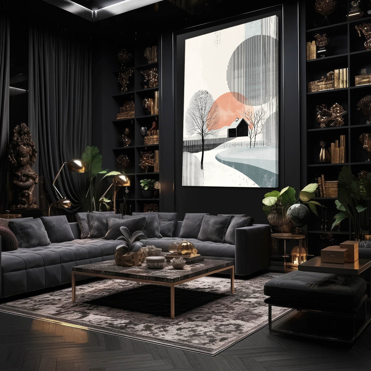 Minimalist Winter Scene Farmhouse Art – styled in a furnished interior