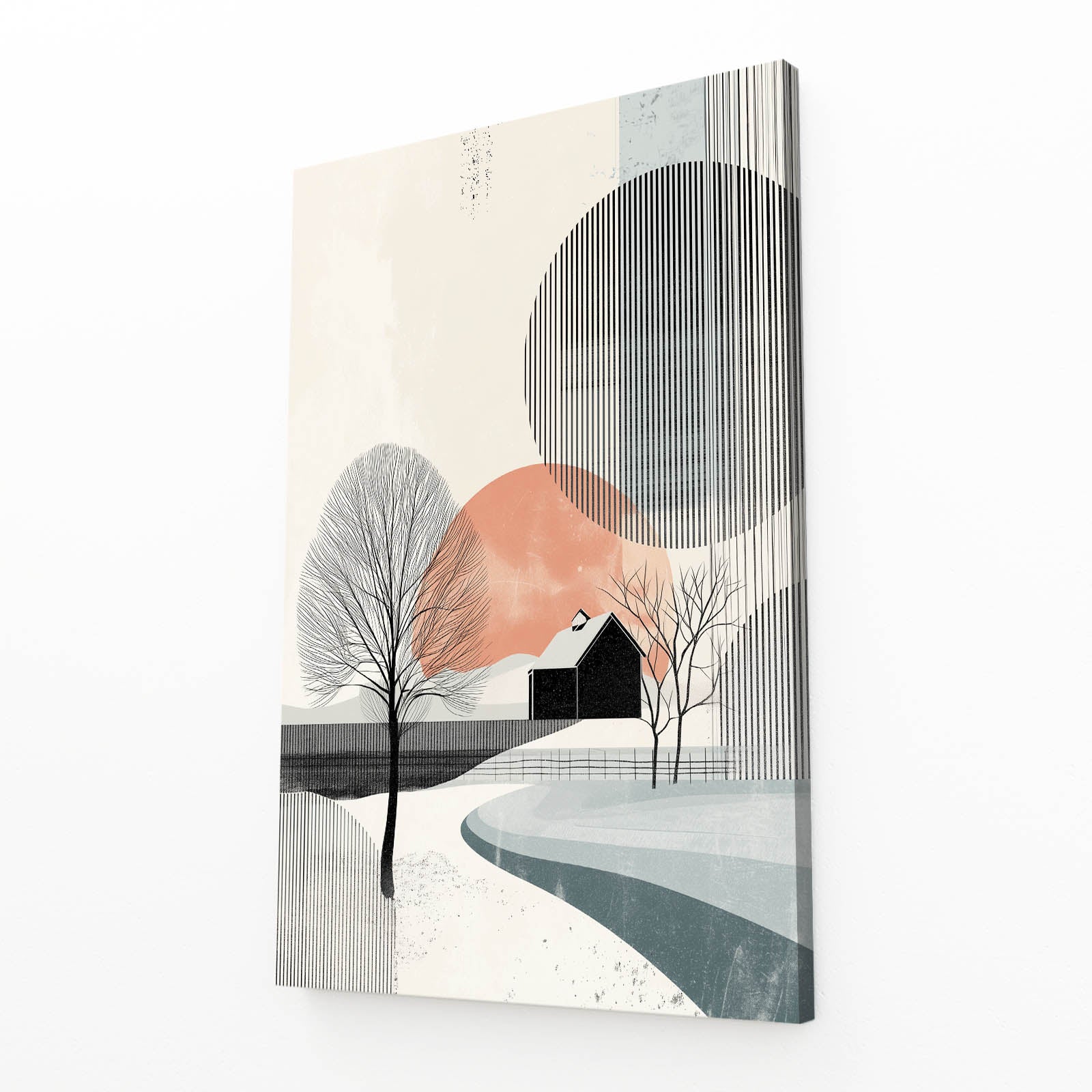 Minimalist Winter Scene Farmhouse Art – angled canvas view on white background