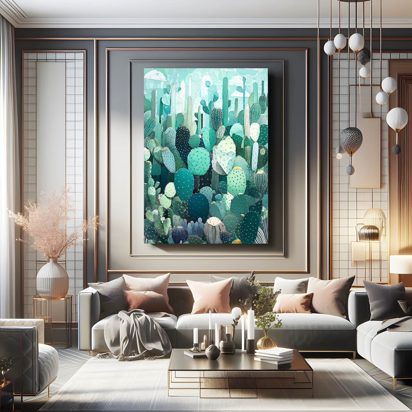 Mint Layered Garden Cactus Prints – styled in a furnished interior