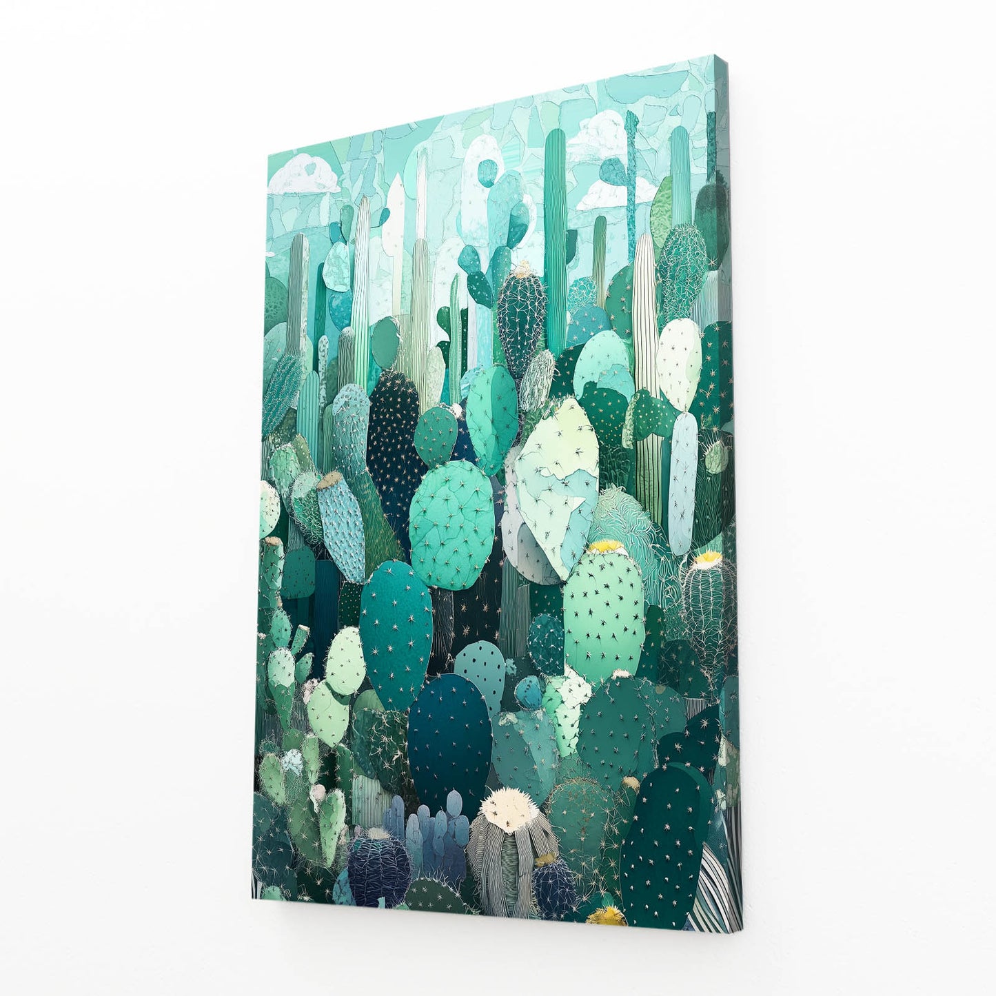 Mint Layered Garden Cactus Prints – angled canvas view on white background