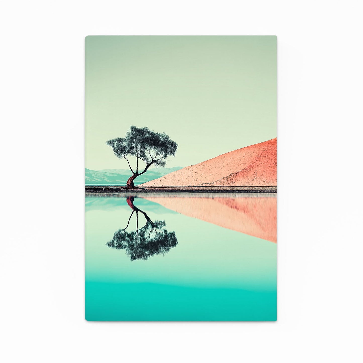 Mint Mirror Landscape Photography Prints – lone tree reflected on mint water under a coral sky