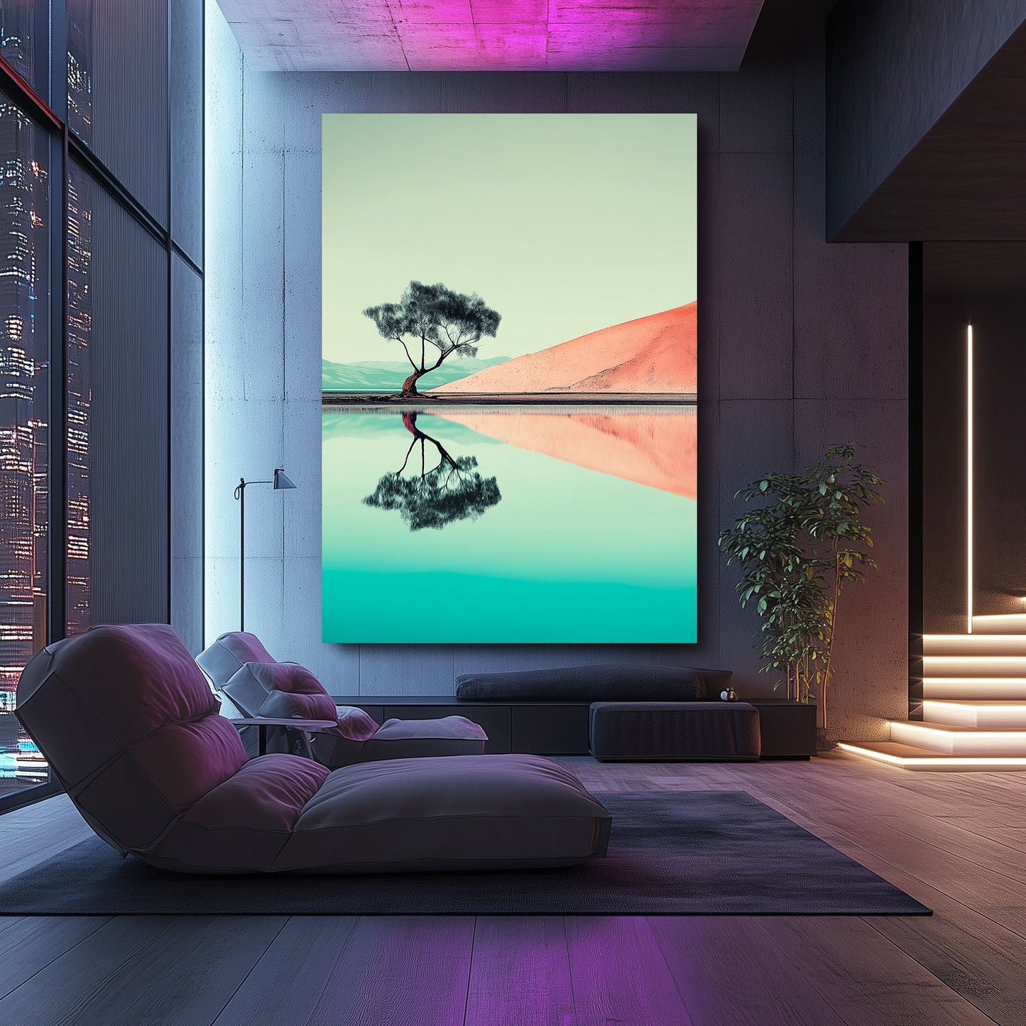 Mint Mirror Landscape Photography Prints – in a moody loft with pink neon light
