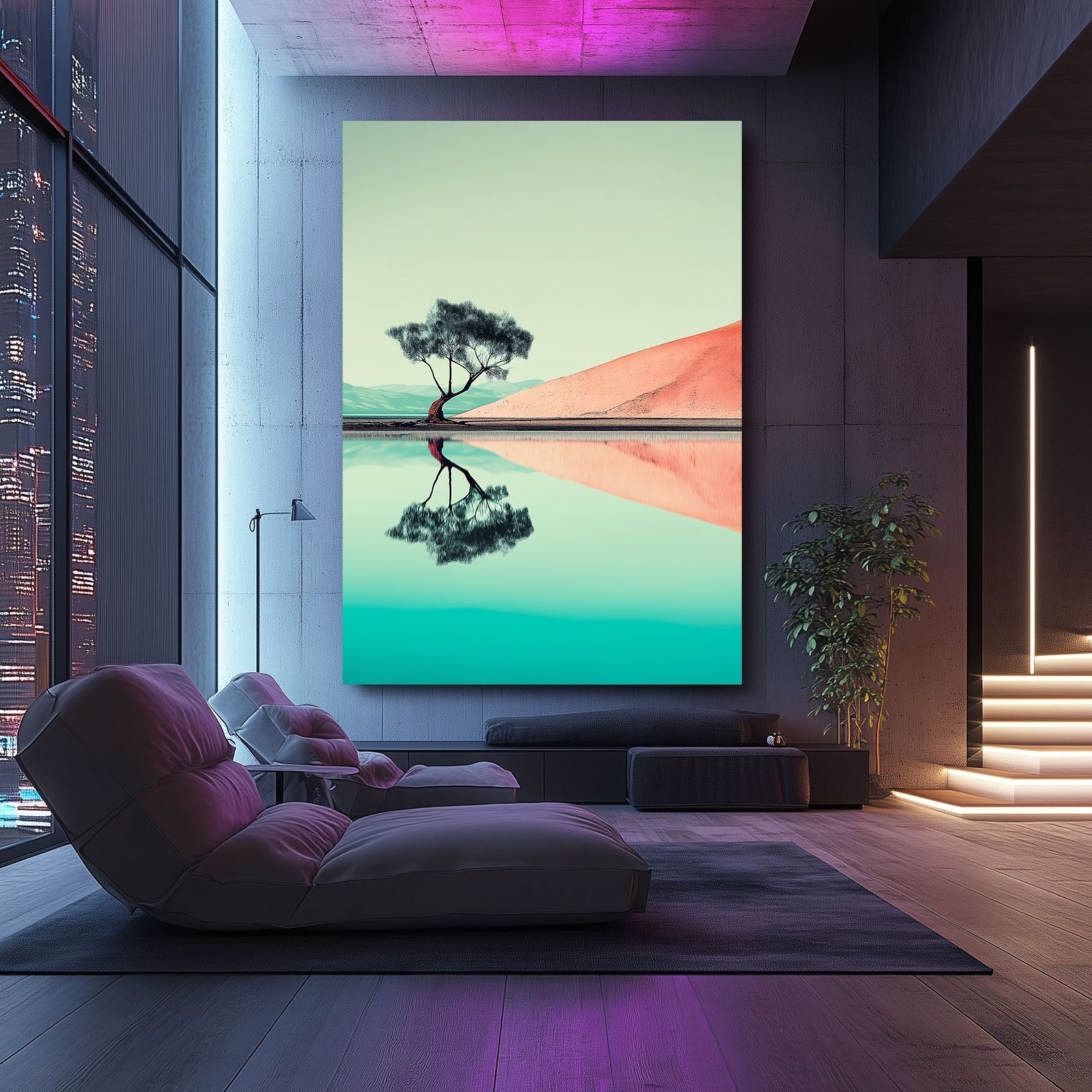 Mint Mirror Landscape Photography Prints – in a moody loft with pink neon light