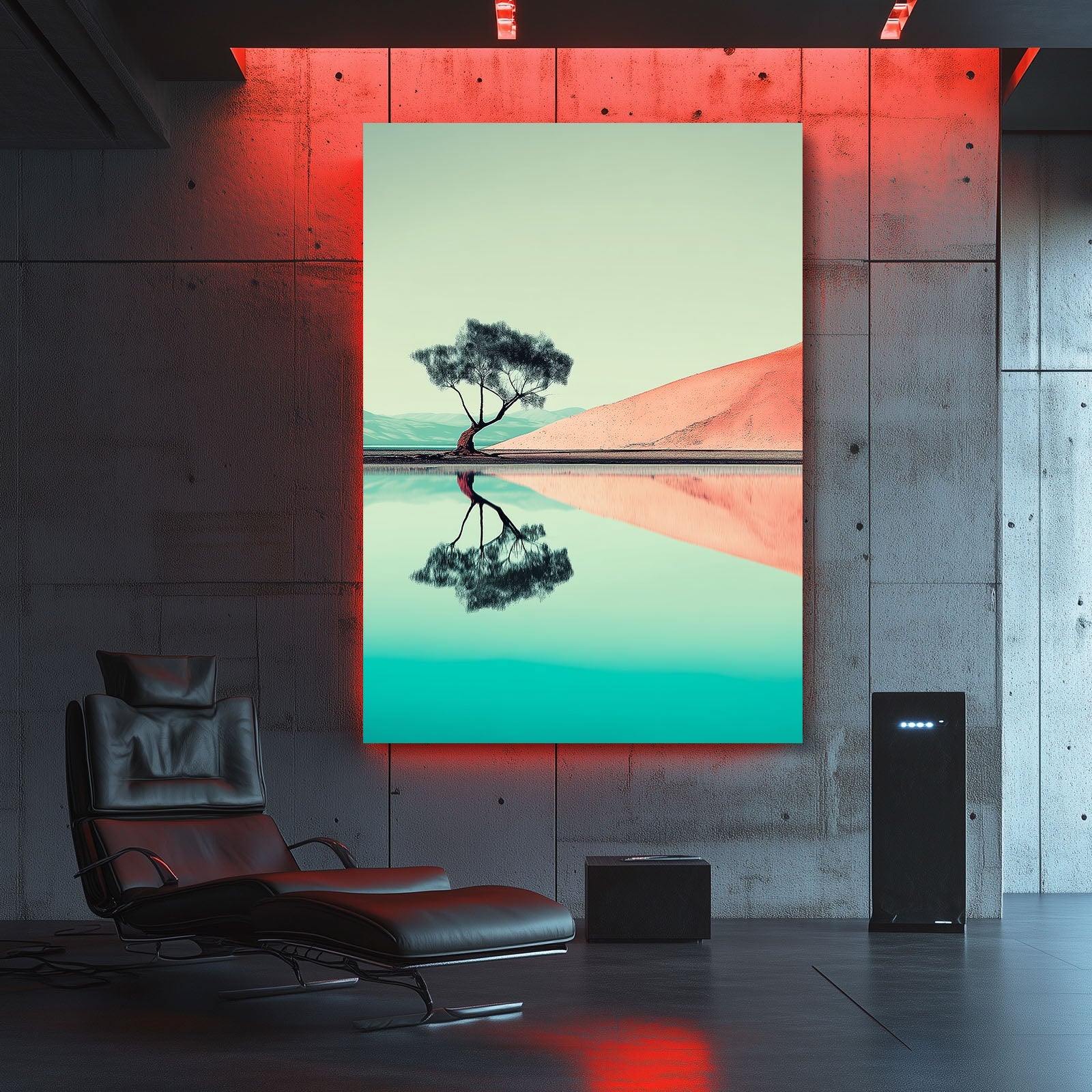 Mint Mirror Landscape Photography Prints – on a concrete wall with red accent lighting