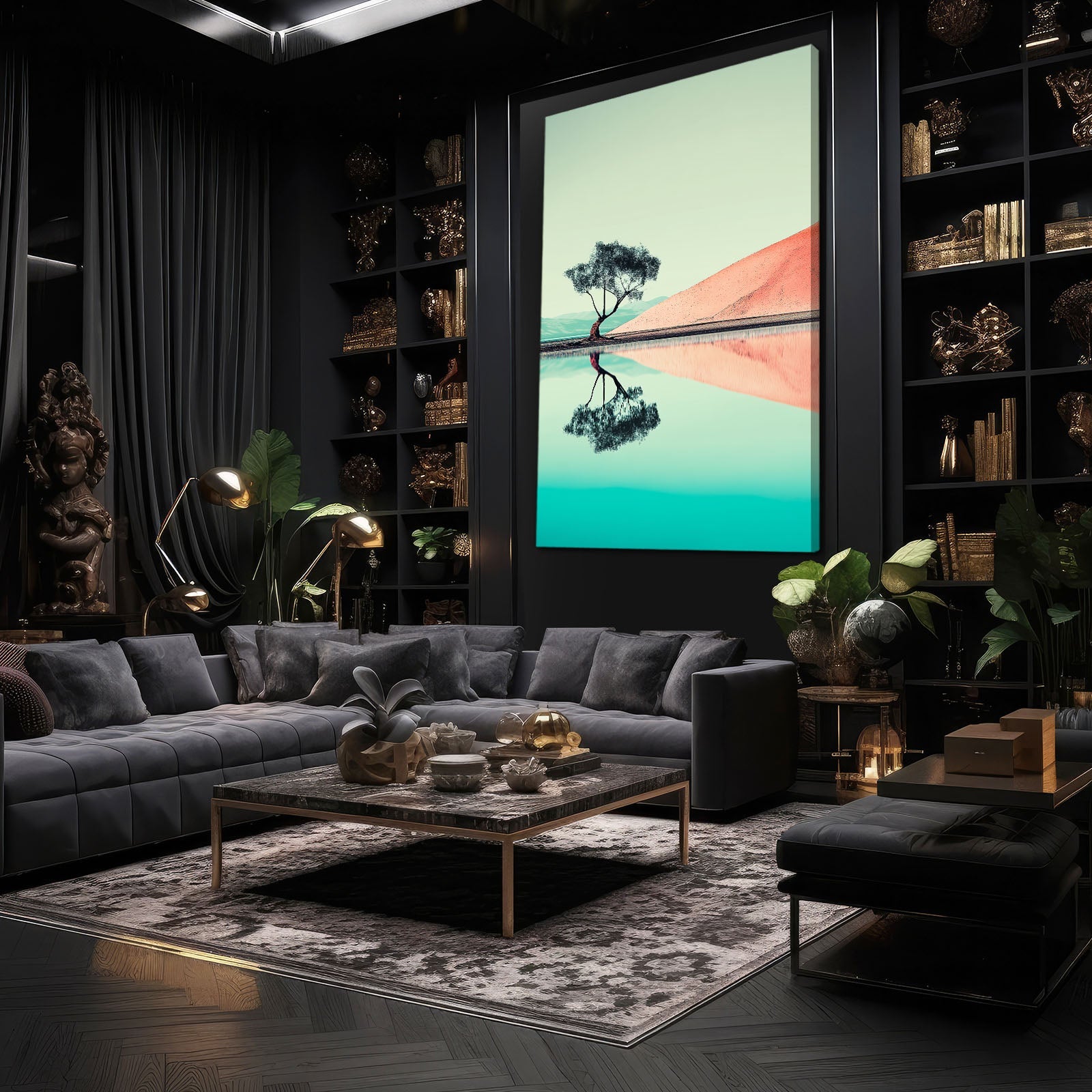 Mint Mirror Landscape Photography Prints – above a charcoal sofa in a dark library lounge