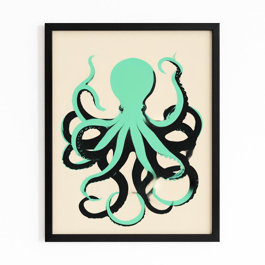 Mint Silhouette Octopus Canvas Art – with Premium Black frame on white background