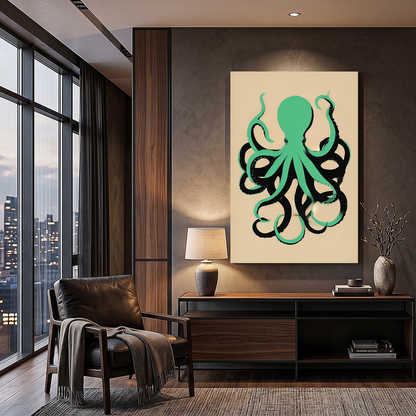 Mint Silhouette Octopus Canvas Art – styled in a furnished interior