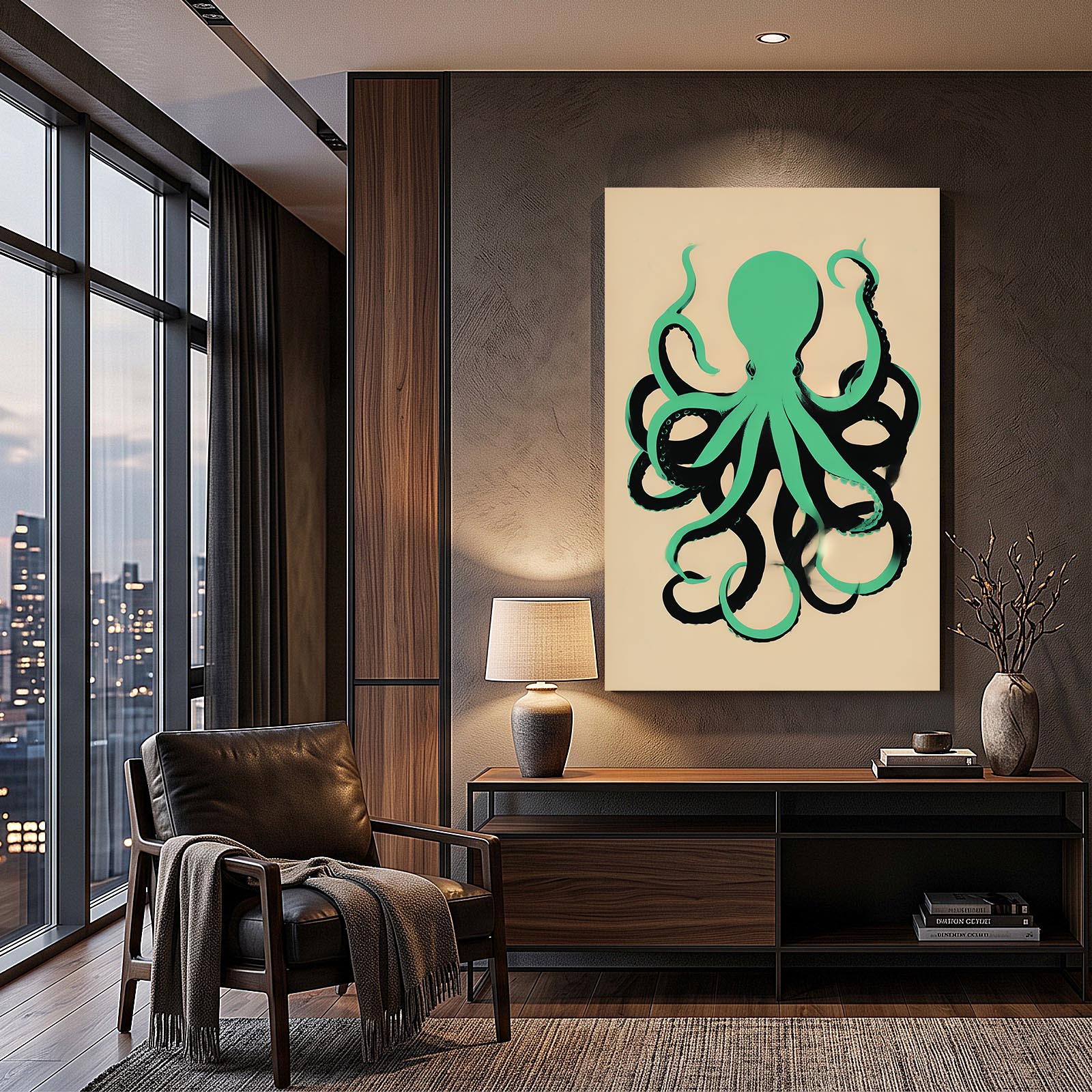 Mint Silhouette Octopus Canvas Art – styled in a furnished interior