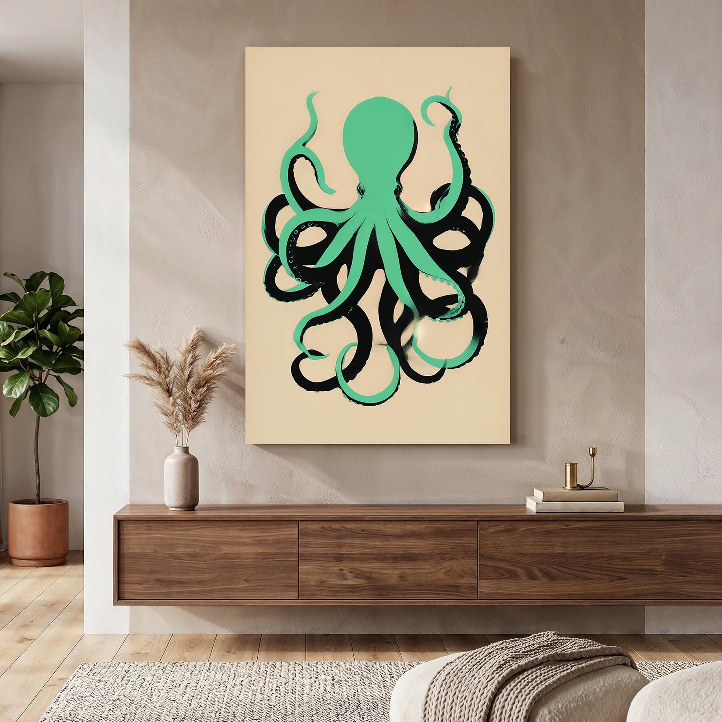 Mint Silhouette Octopus Canvas Art – styled in a furnished interior