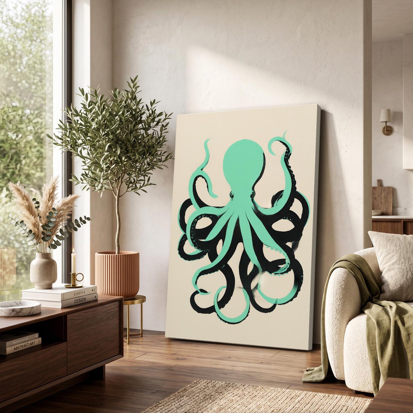Mint Silhouette Octopus Canvas Art – styled in a furnished interior