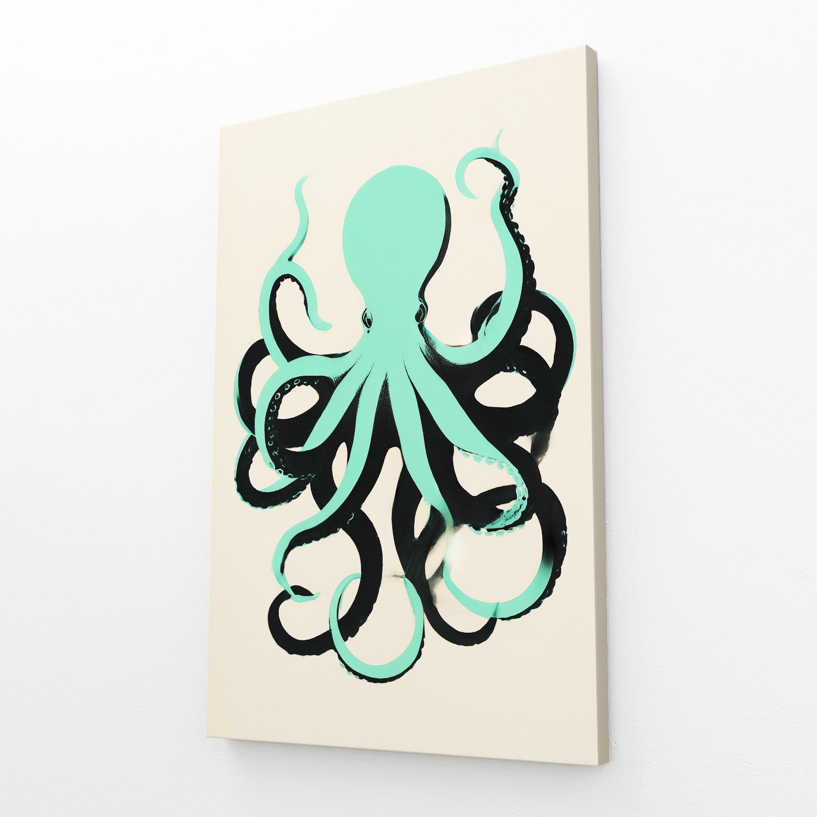 Mint Silhouette Octopus Canvas Art – angled canvas view on white background