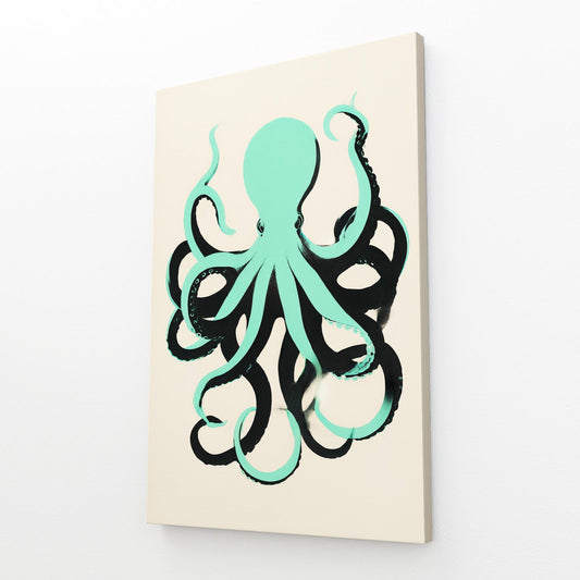Mint Silhouette Octopus Canvas Art – angled canvas view on white background