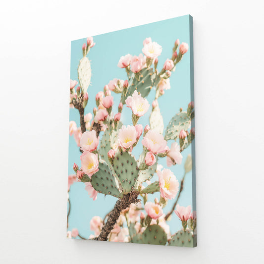 Mint Sky Blossoms Cactus Prints – angled canvas view on white background