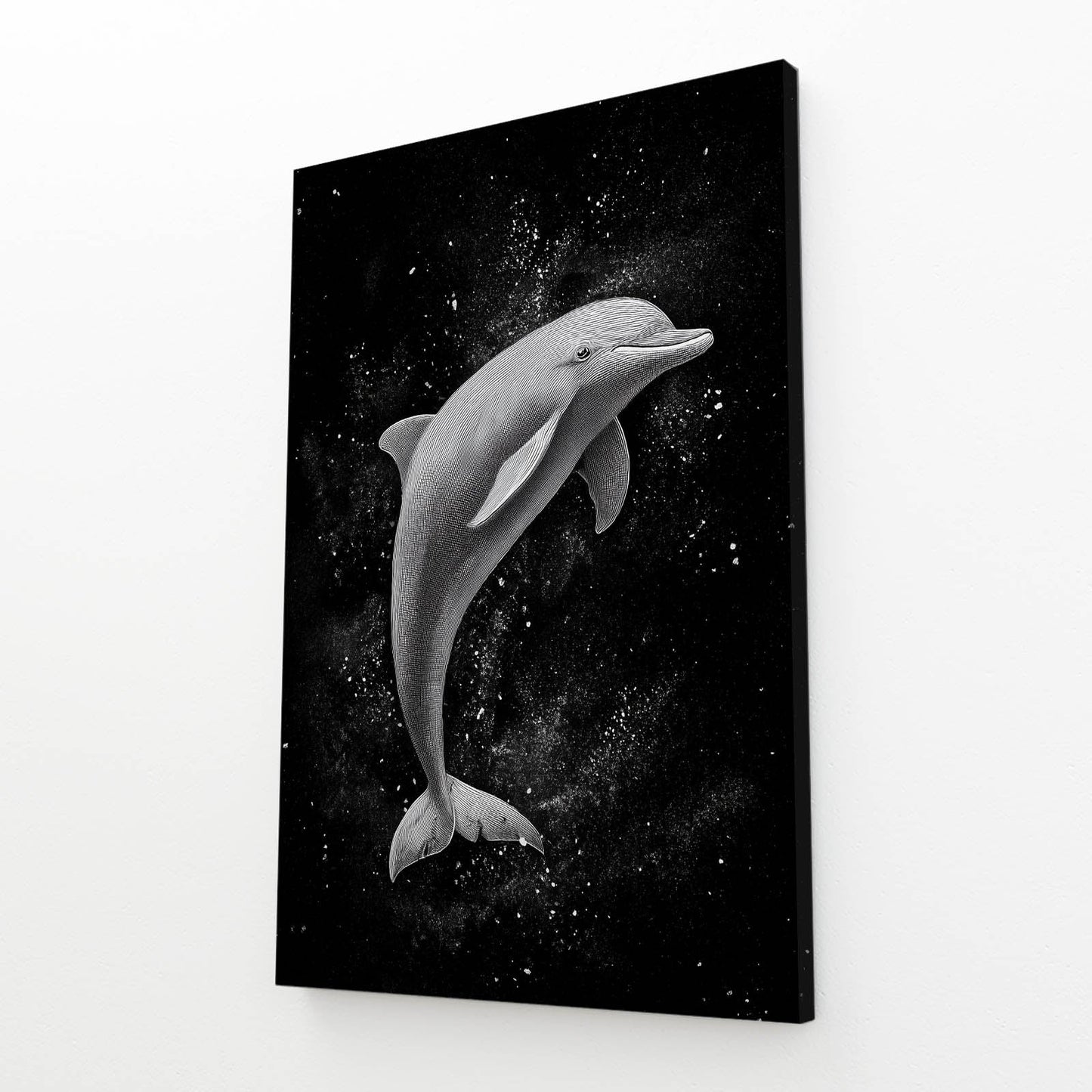 Misty Arc Dolphin Canvas – grayscale dolphin arcing through a veil of white mist on a black background