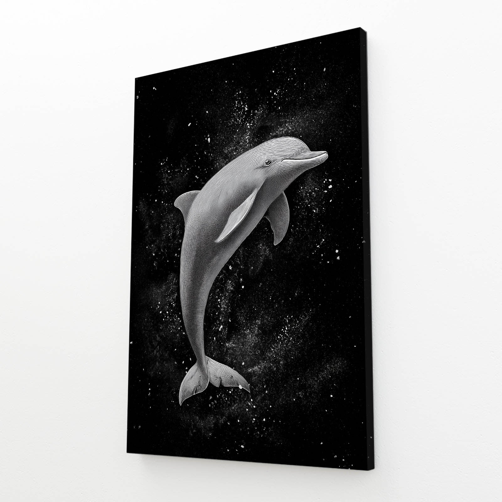 Misty Arc Dolphin Canvas – grayscale dolphin arcing through a veil of white mist on a black background