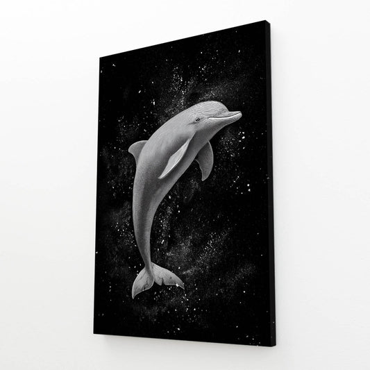 Misty Arc Dolphin Canvas – grayscale dolphin arcing through a veil of white mist on a black background