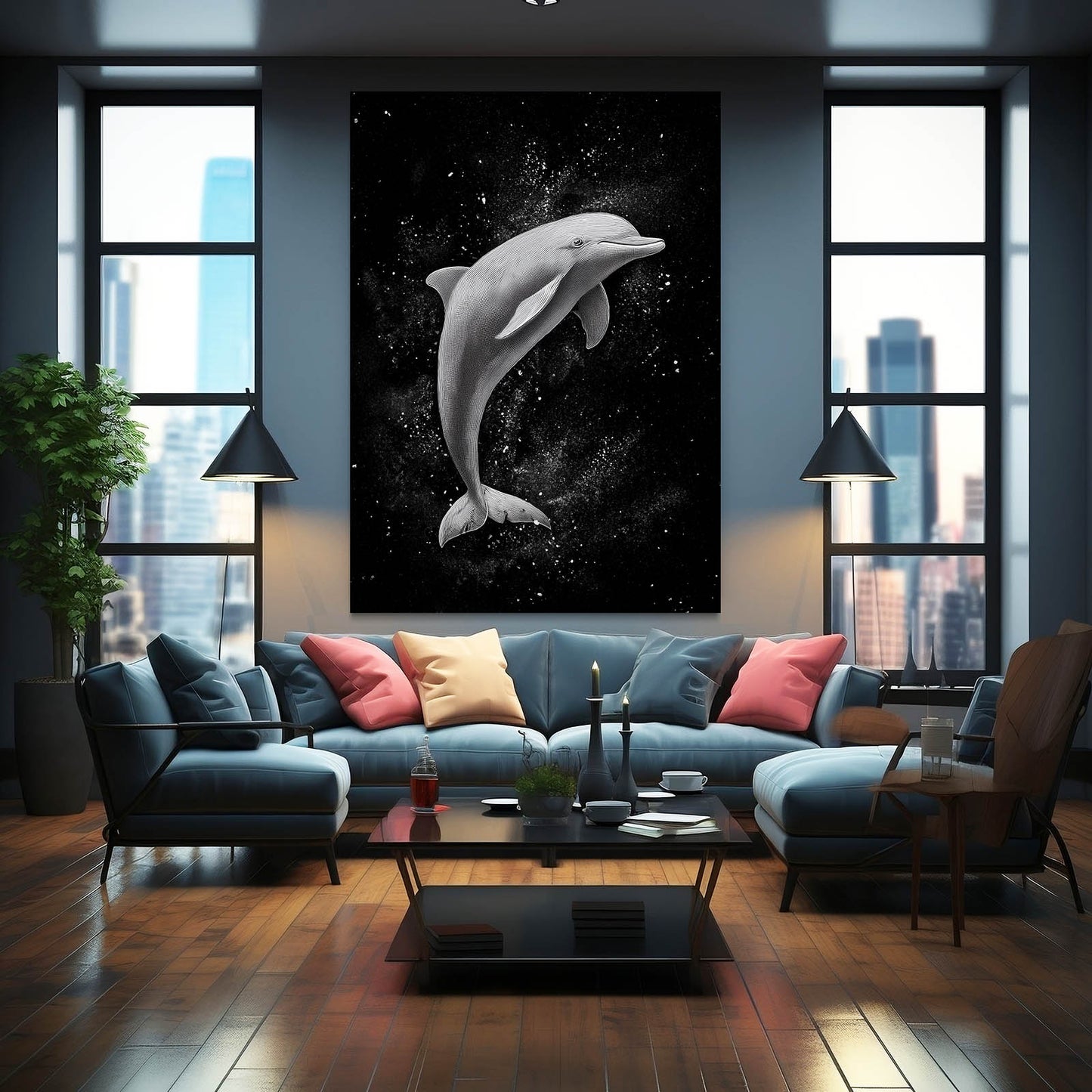 Misty Arc Dolphin Canvas – styled in a furnished interior