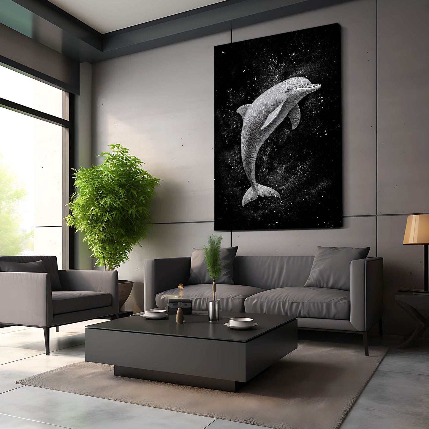 Misty Arc Dolphin Canvas – styled in a furnished interior