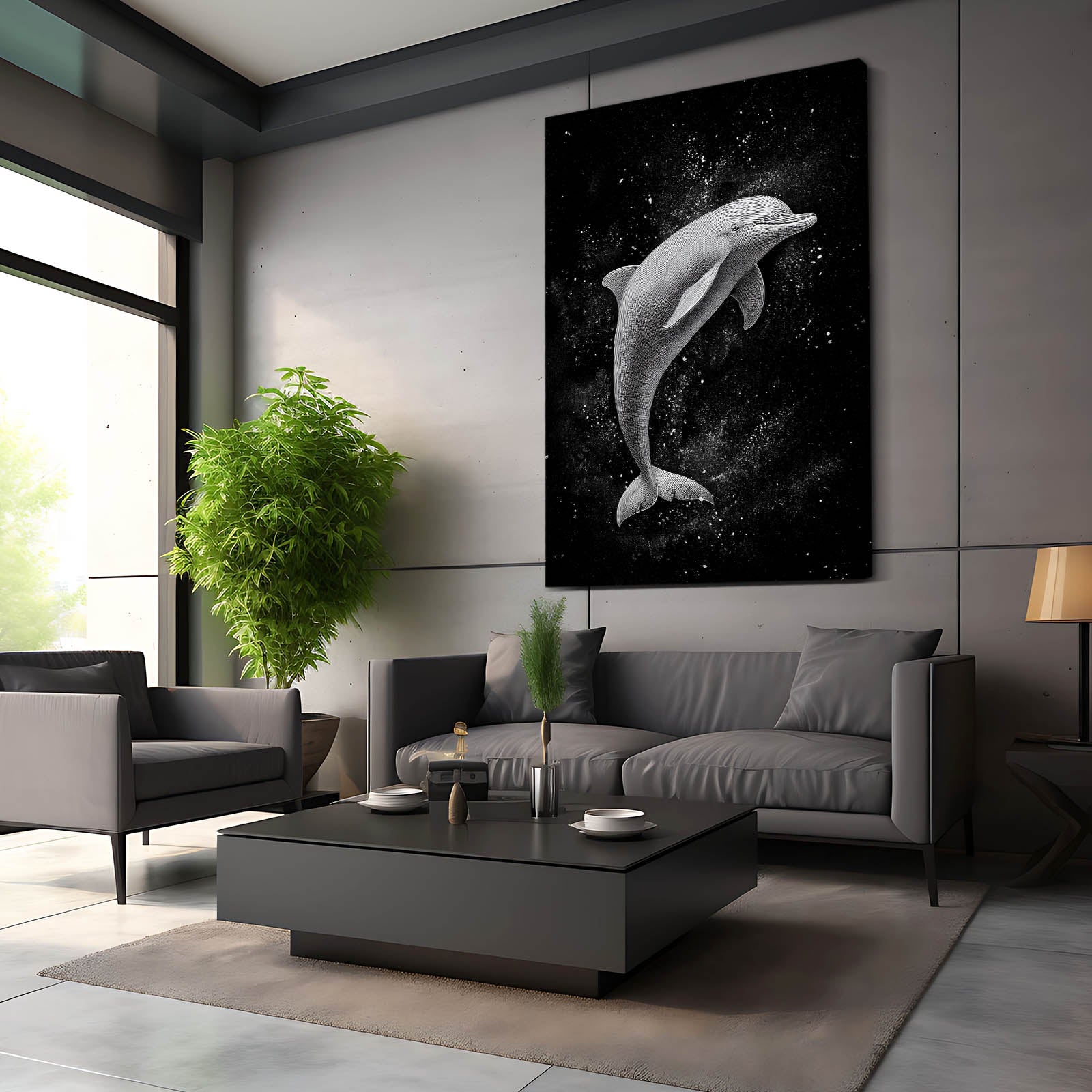 Misty Arc Dolphin Canvas – styled in a furnished interior