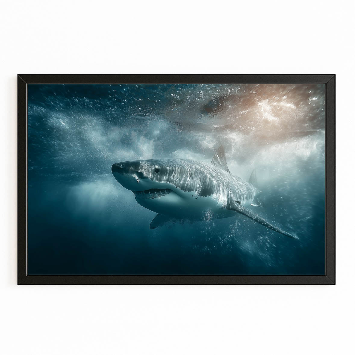 Misty Deep Sea Shark Wall Art – with Premium Black frame on white background