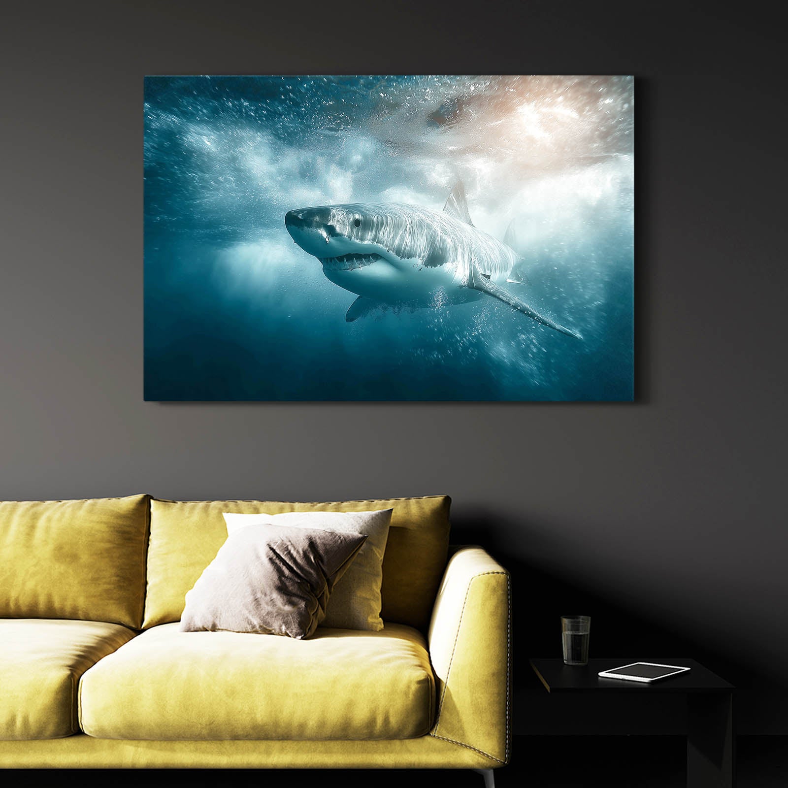 Misty Deep Sea Shark Wall Art – styled in a furnished interior