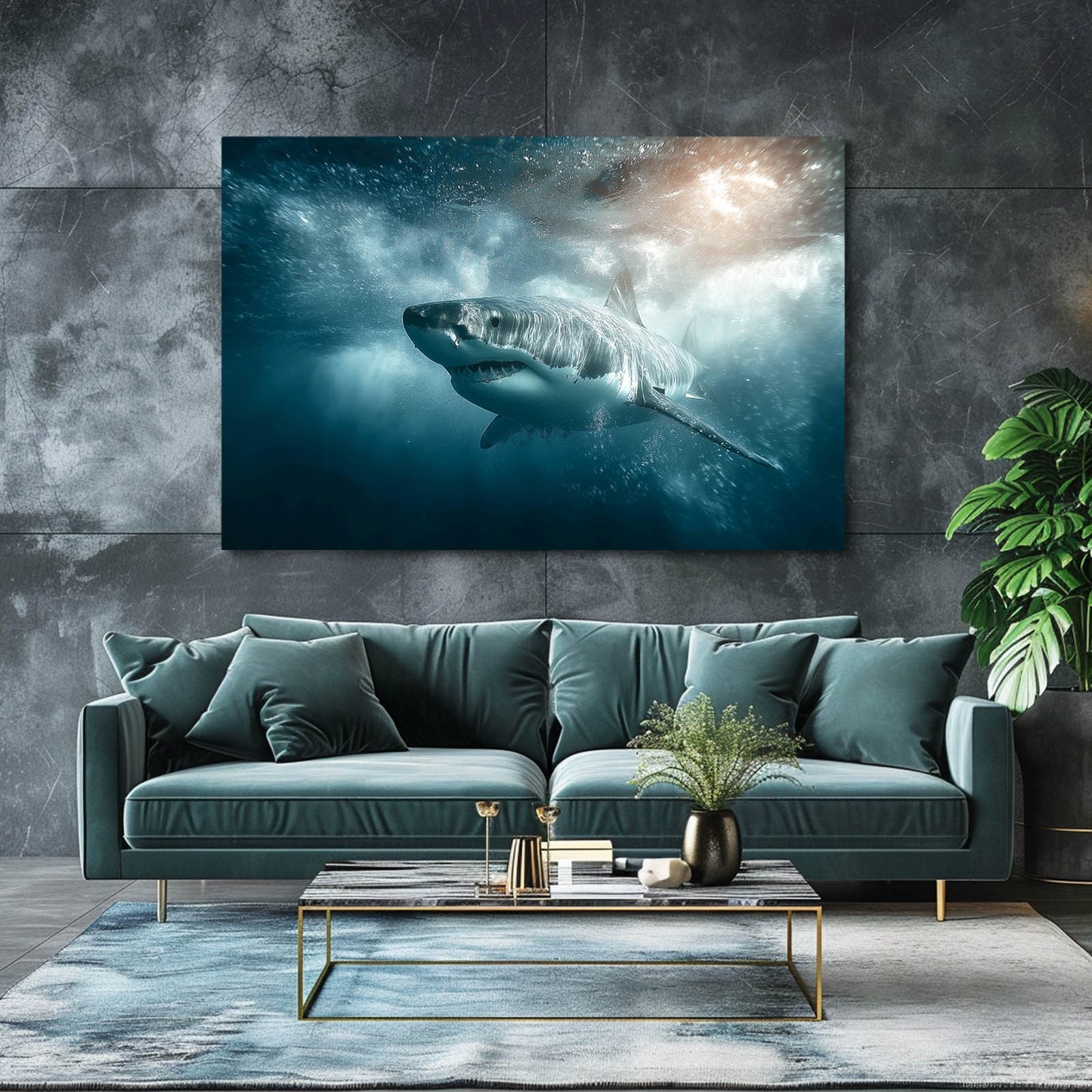 Misty Deep Sea Shark Wall Art – styled in a furnished interior