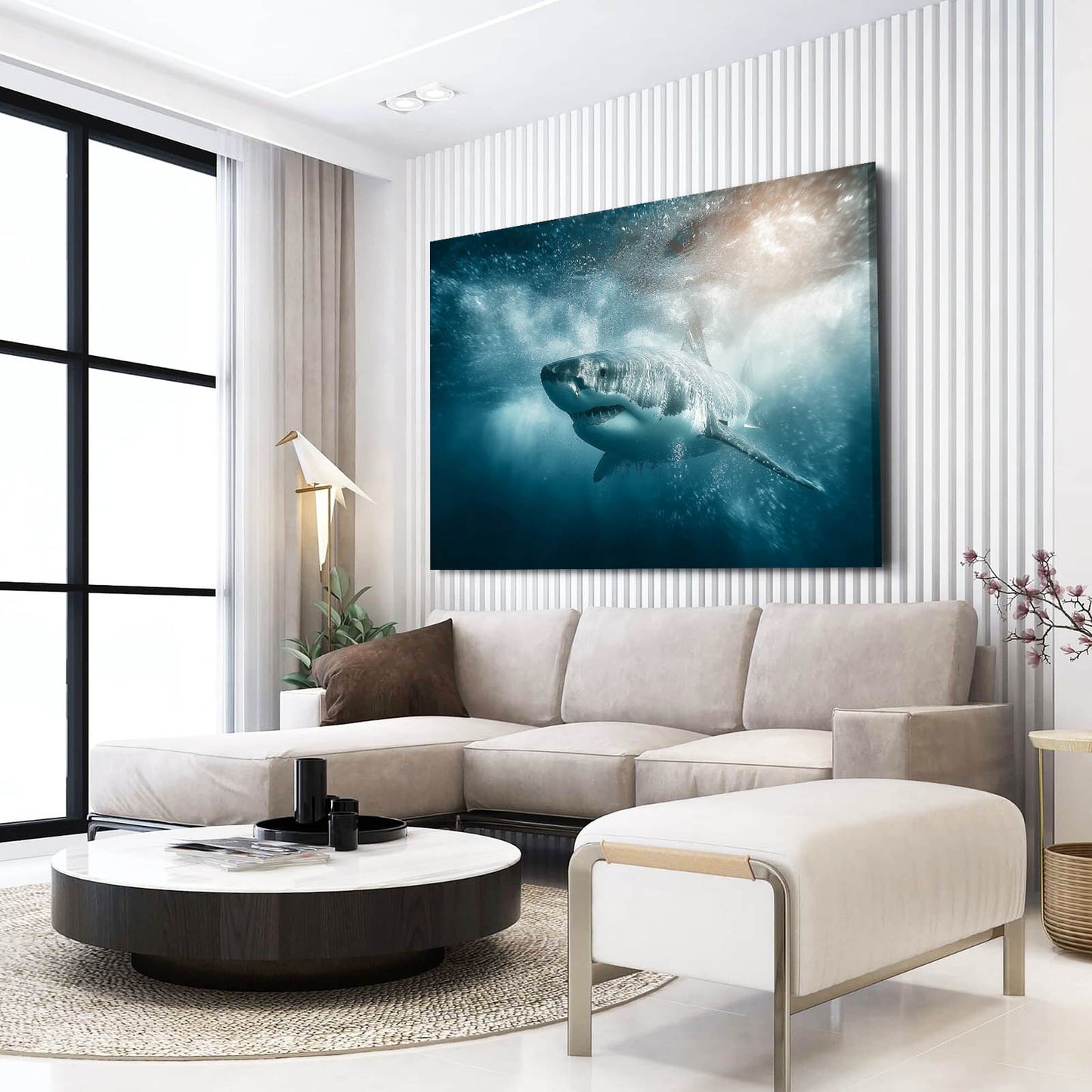 Misty Deep Sea Shark Wall Art – styled in a furnished interior