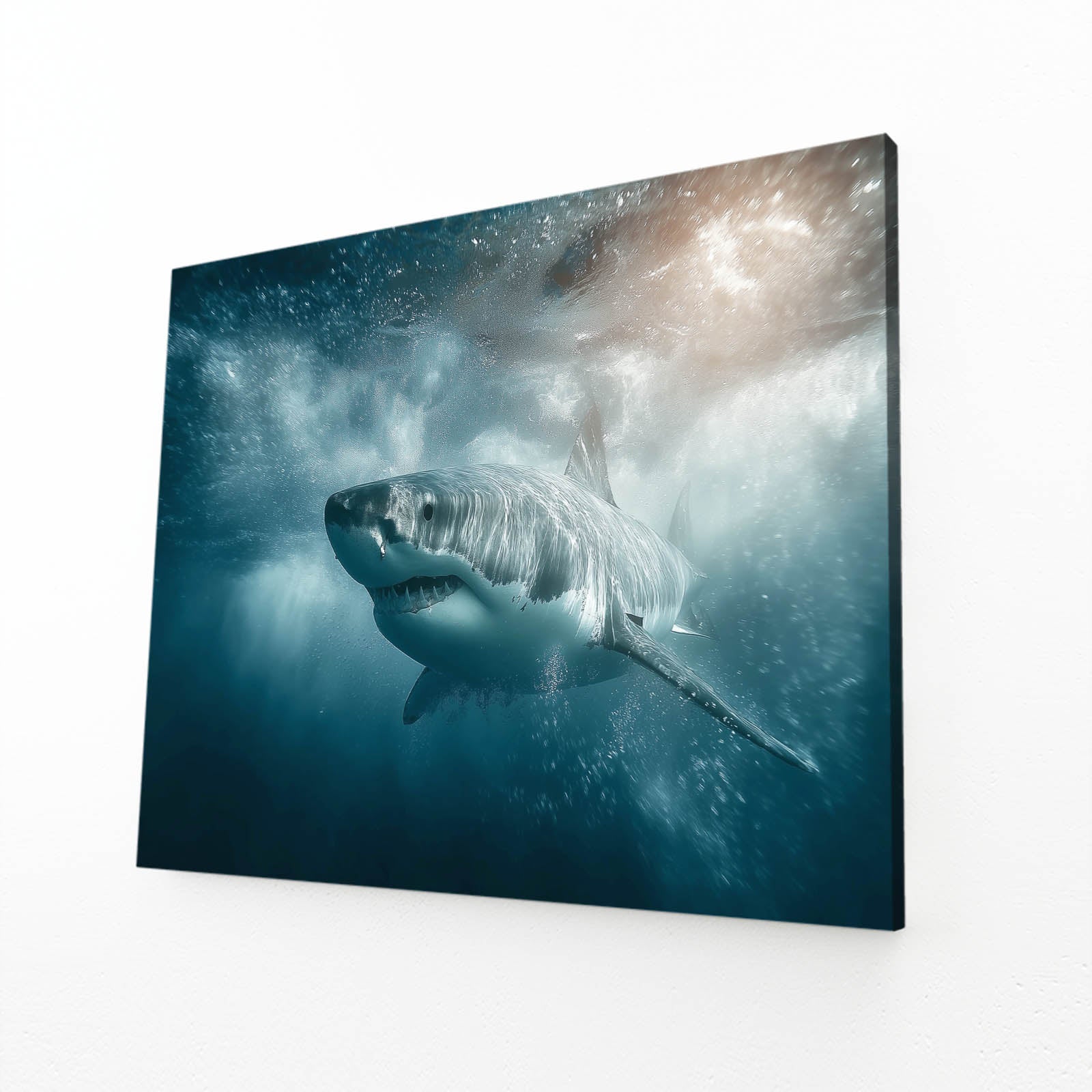 Misty Deep Sea Shark Wall Art – angled canvas view on white background